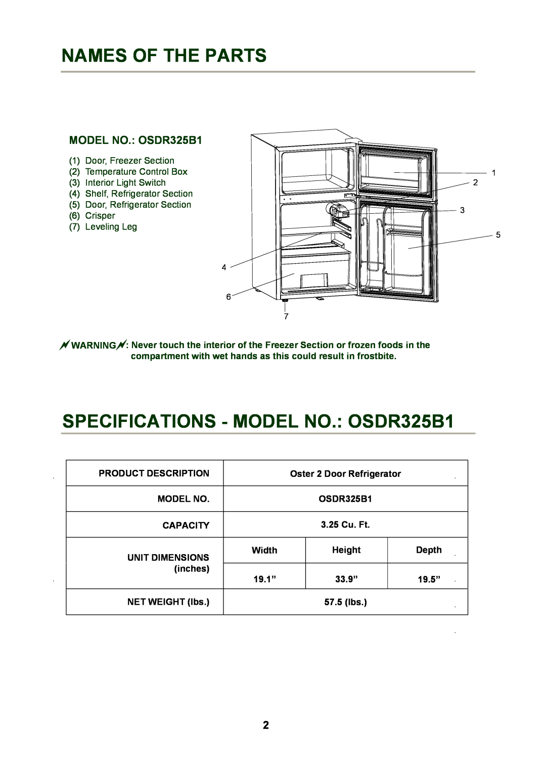 Oster Oster 3.25 CU. FT. Refrigerator instruction manual Names Of The Parts, SPECIFICATIONS - MODEL NO. OSDR325B1 
