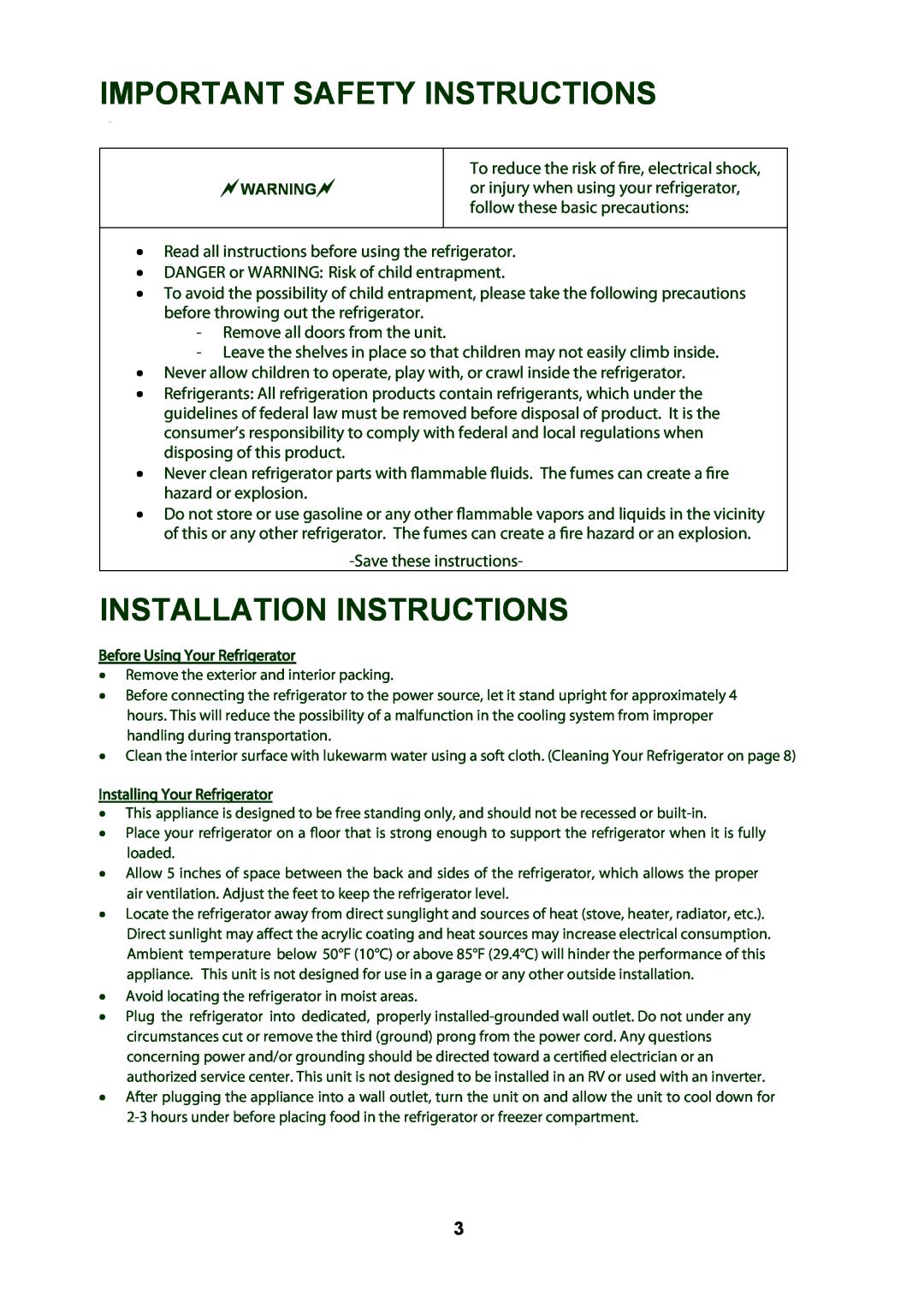 Oster OSDR325B1, Oster 3.25 CU. FT. Refrigerator instruction manual Important Safety Instructions, Installation Instructions 