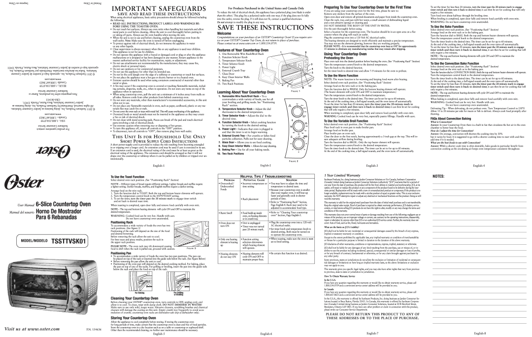 Oster Oster 6-Slice Countertop Oven user manual Important Safeguards, Save These Instructions, Welcome, Positioning Rack 