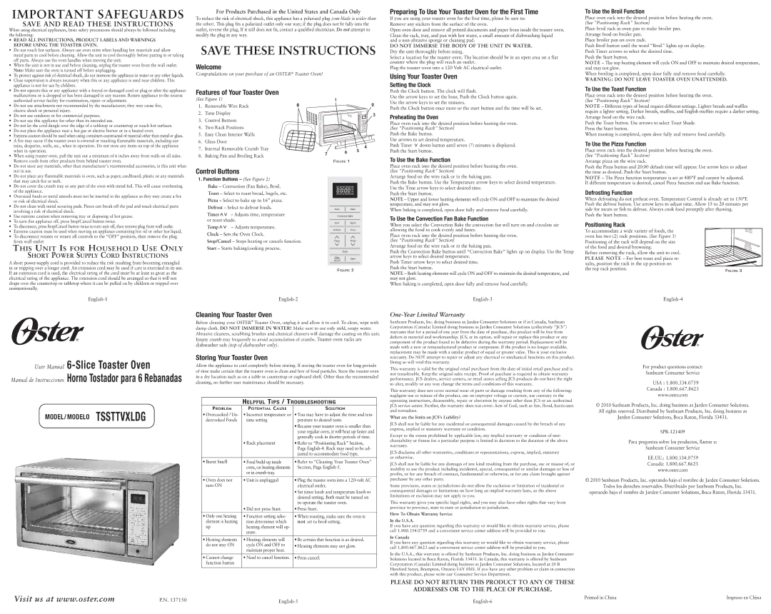 Oster Oster 6-Slice Toaster Oven, TSSTTVXLDG user manual Welcome, Features of Your Toaster Oven, Using Your Toaster Oven 