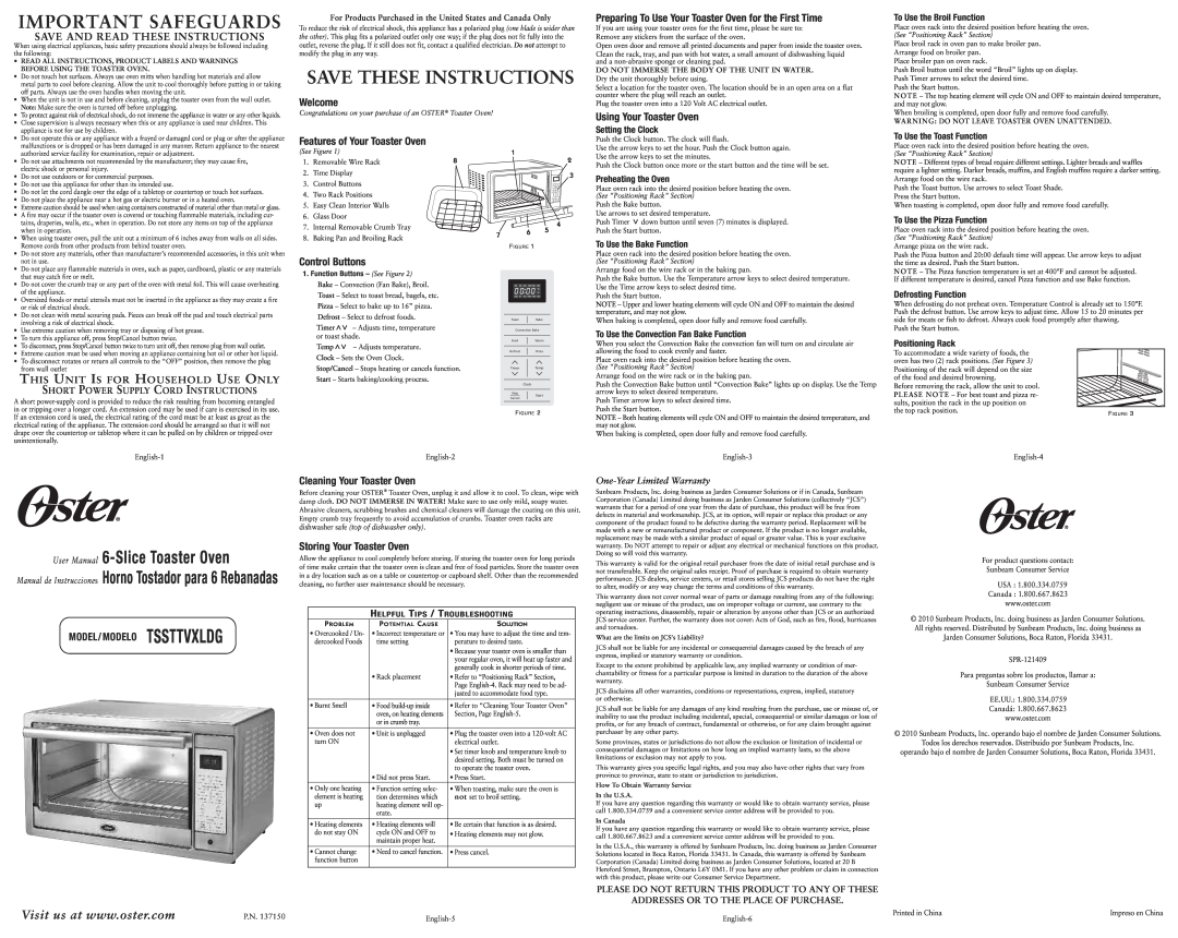 Oster Oster 6-Slice Toaster Oven user manual Save And Read These Instructions, Welcome, Features of Your Toaster Oven 