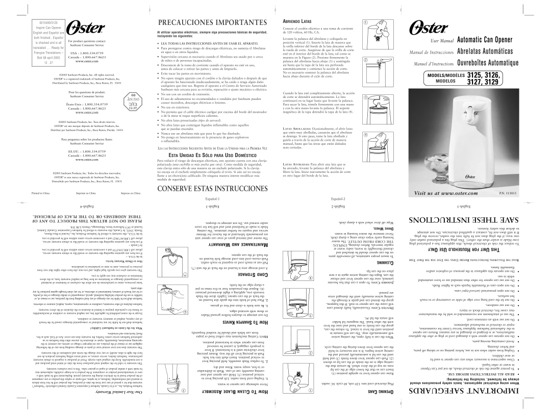 Oster 3127, 3129 user manual 3125, 3126, Abrelatas Automáticas, Ouvreboîtes Automatique, Modelos, Models/Modèles, P.N 