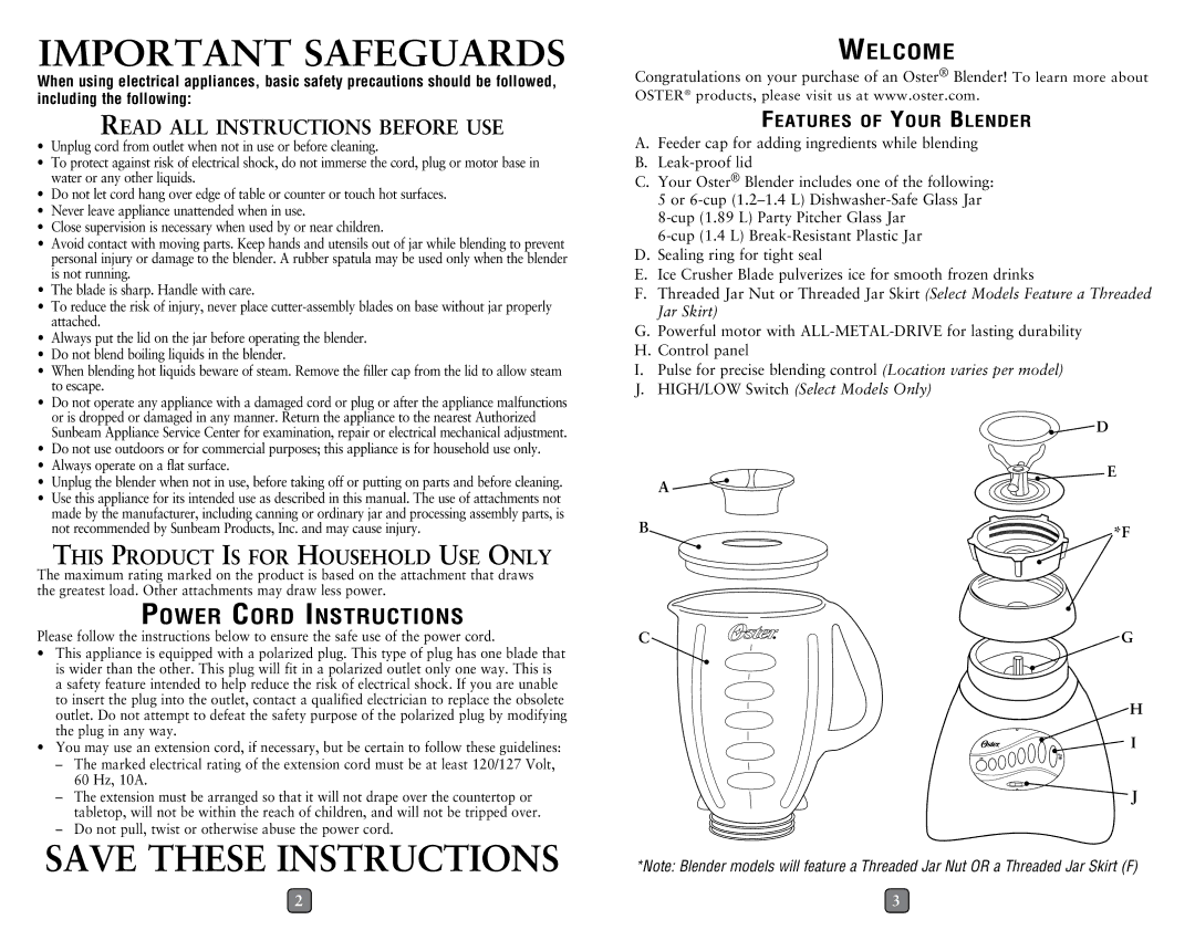 Oster OSTER BLENDERS Important Safeguards, Read all instructions before use, This Product Is for Household Use Only 