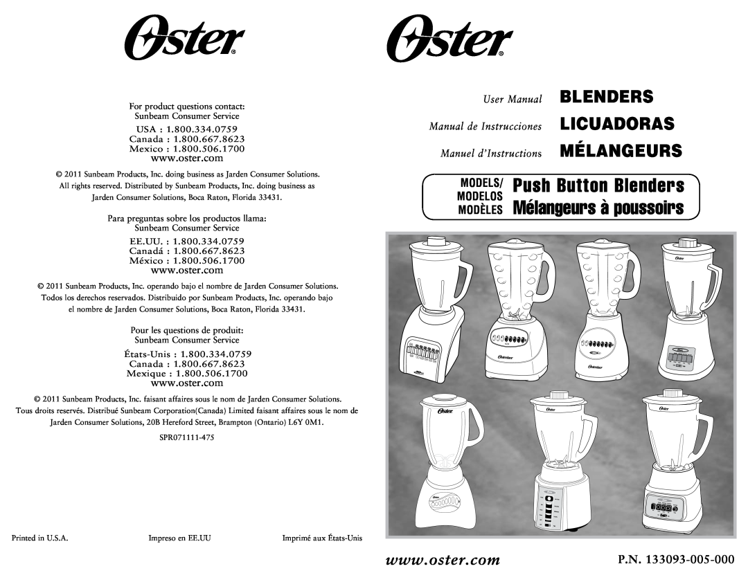 Oster OSTER BLENDERS user manual Push Button Blenders, Mélangeurs à poussoirs, Licuadoras, Models, Modelos, Modèles, P.N 