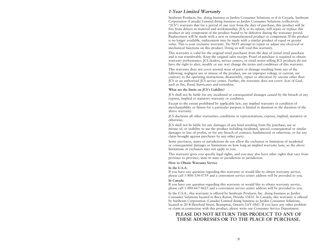 Oster BKSTDG, Oster BLSTDG Series What are the limits on JCS’s Liability?, How to Obtain Warranty Service U.S.A, Canada 