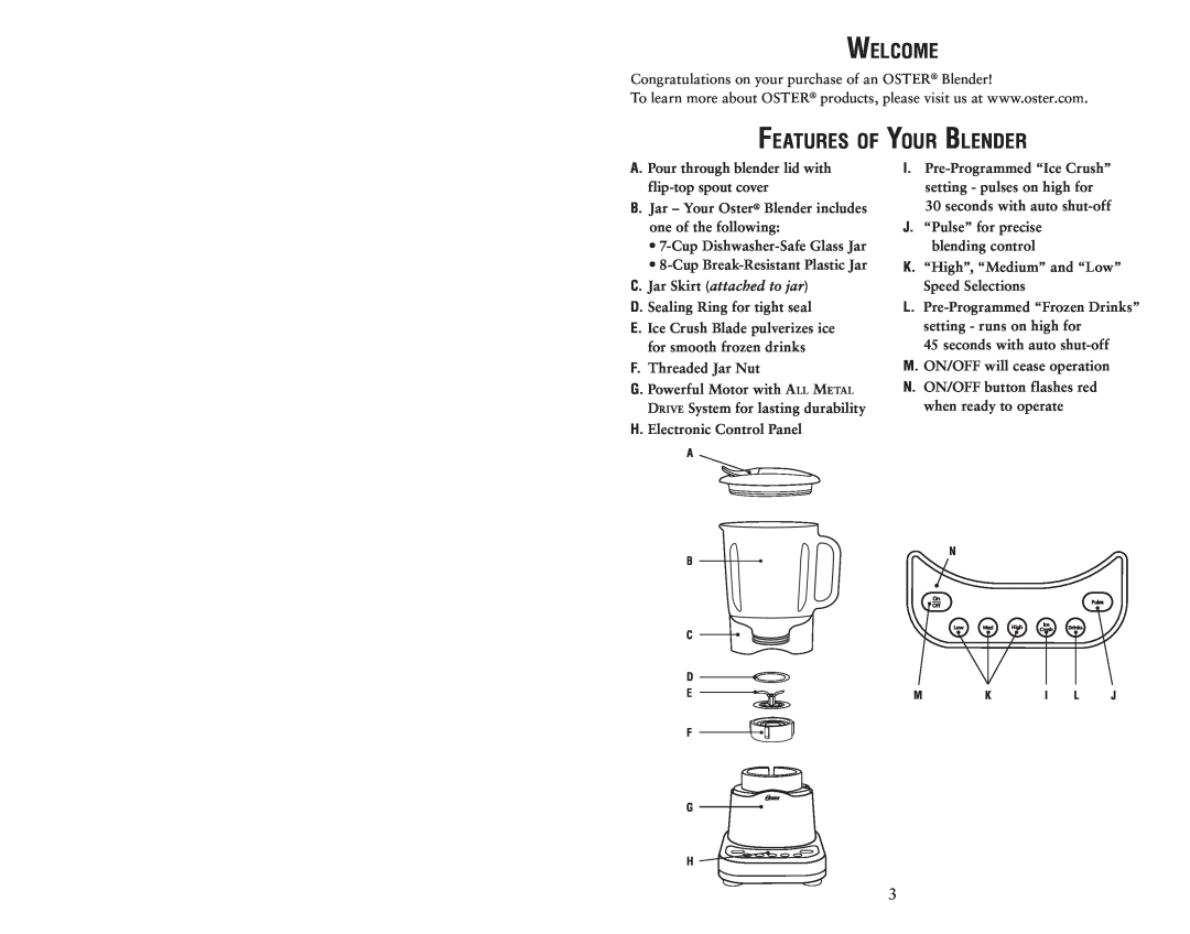 Oster BKSTDG, Oster BLSTDG Series user manual Welcome, Features of Your Blender, C.Jar Skirt attached to jar 
