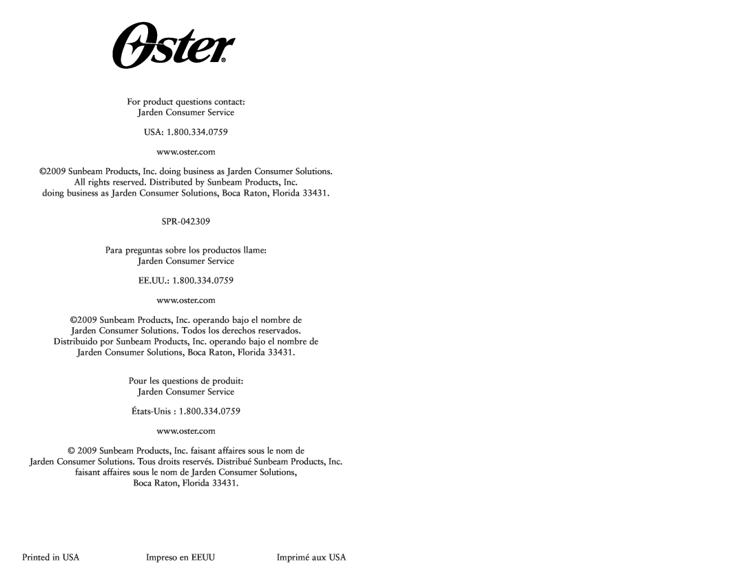 Oster Oster BLSTDG Series, BKSTDG For product questions contact, SPR-042309, Para preguntas sobre los productos llame 