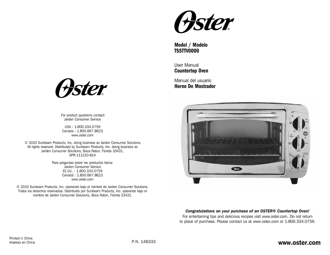 Oster TSSTTV0000 user manual Model / Modelo, Countertop Oven, Horno De Mostrador, Manual del usuario, Impreso en China 