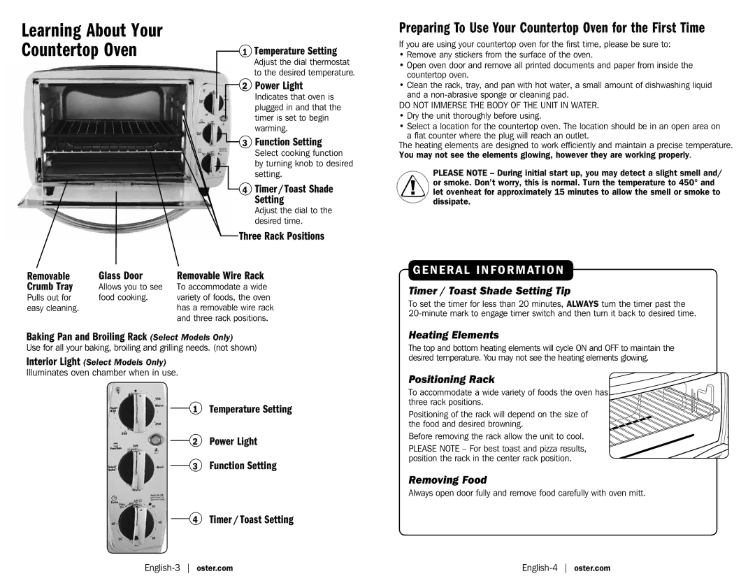 Oster TSSTTV0000, Oster Countertop Oven user manual Preparing To Use Your Countertop Oven for the First Time 