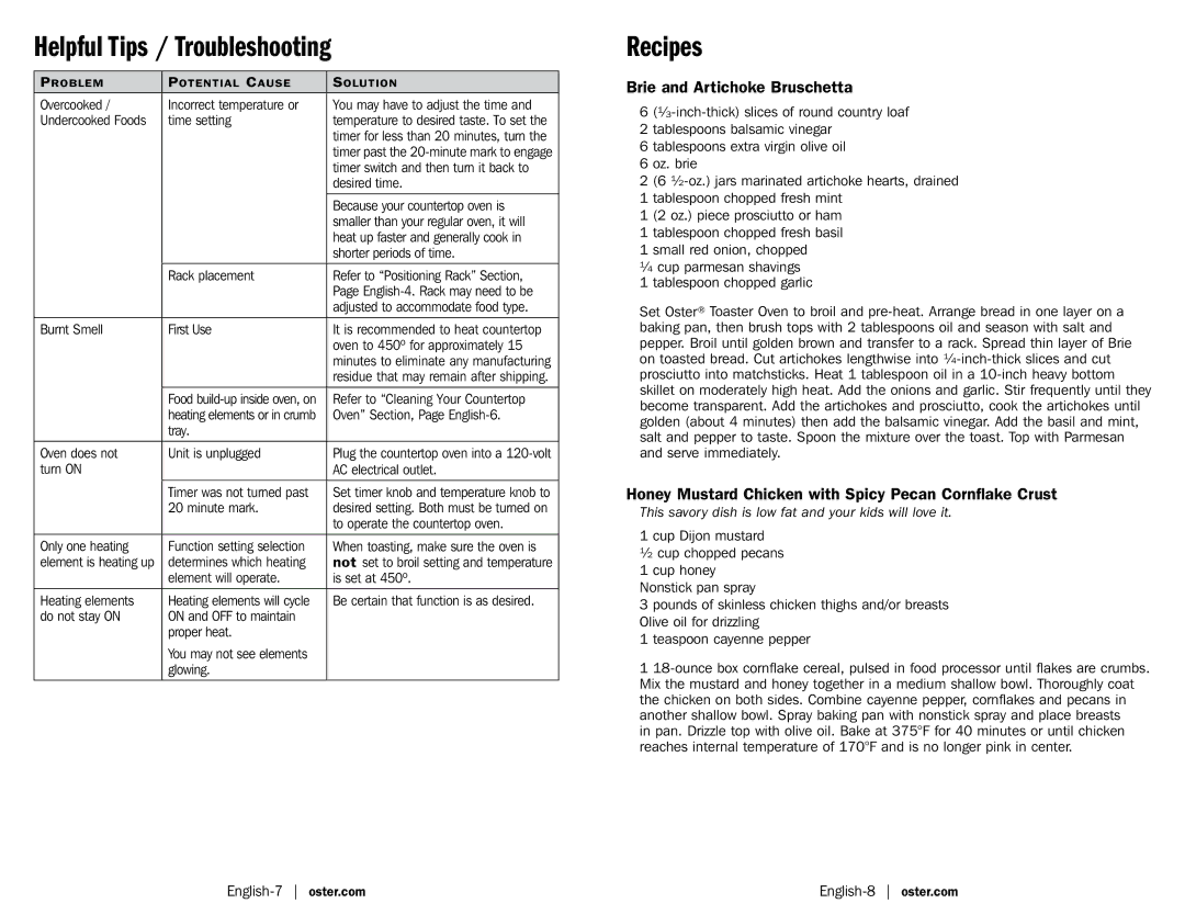 Oster TSSTTV0000 user manual Brie and Artichoke Bruschetta, Honey Mustard Chicken with Spicy Pecan Cornflake Crust 