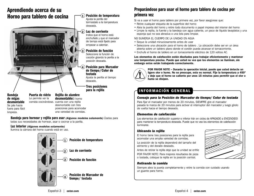 Oster Oster Countertop Oven, TSSTTV0000 Posición de temperatura, Luz de corriente, Español-3 oster.com Español-4 oster.com 