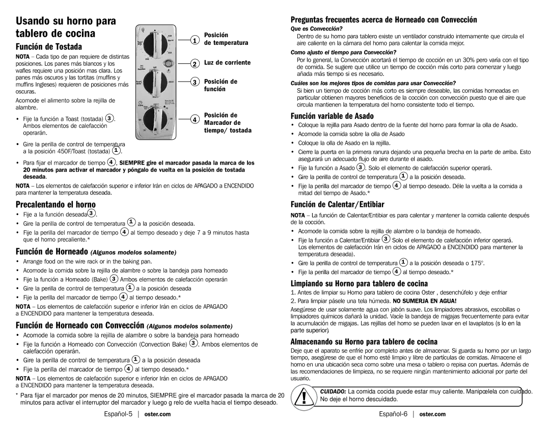 Oster TSSTTV0000 user manual Función de Tostada, Precalentando el horno, Función de Horneado Algunos modelos solamente 