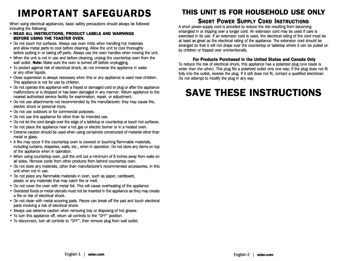 Oster Oster Countertop Oven, TSSTTV0000 Important Safeguards, Save These Instructions, This Unit Is For Household Use Only 