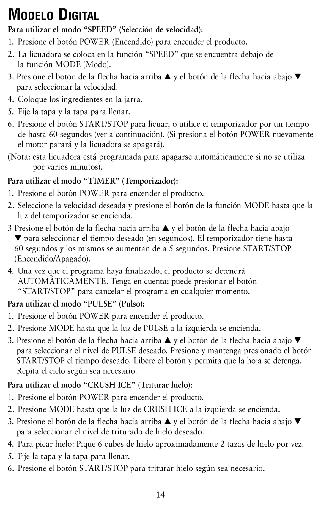 Oster Oster Digital Blender user manual Modelo Digital, Para utilizar el modo Speed Selección de velocidad 