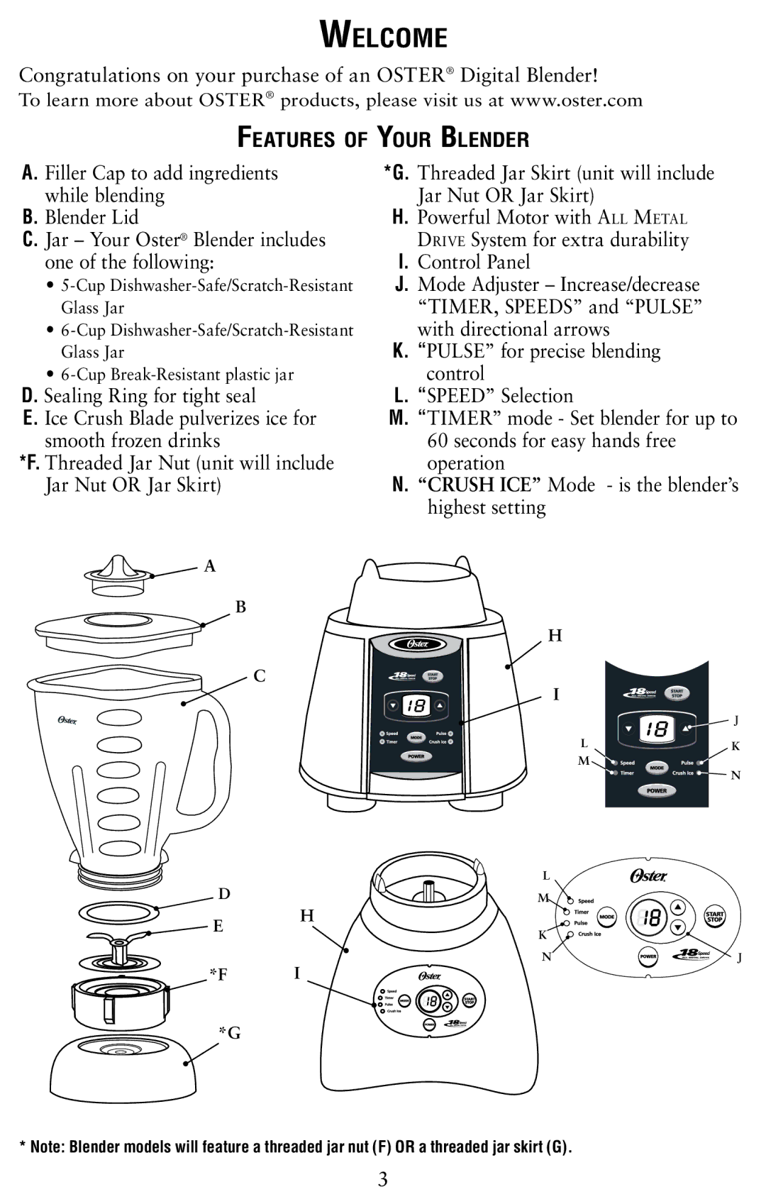 Oster Oster Digital Blender user manual Welcome, Features of Your Blender 