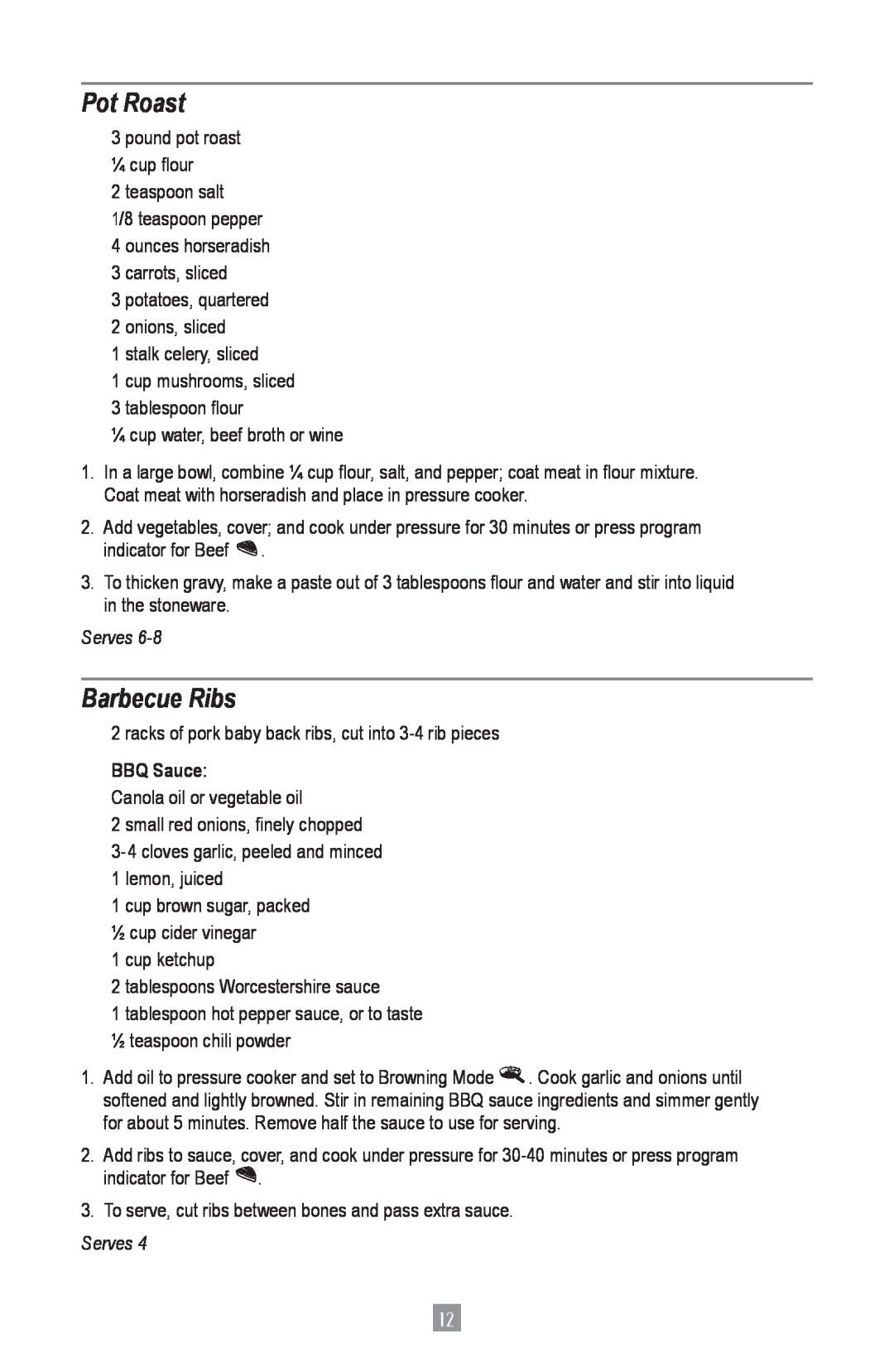Oster Oster Digital Pressure Cooker, 4801 instruction manual Pot Roast, Barbecue Ribs, Serves, BBQ Sauce 