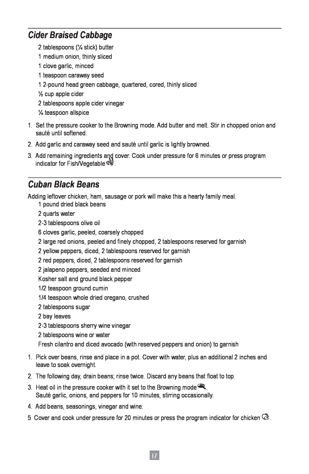 Oster 4801, Oster Digital Pressure Cooker instruction manual Cider Braised Cabbage, Cuban Black Beans 