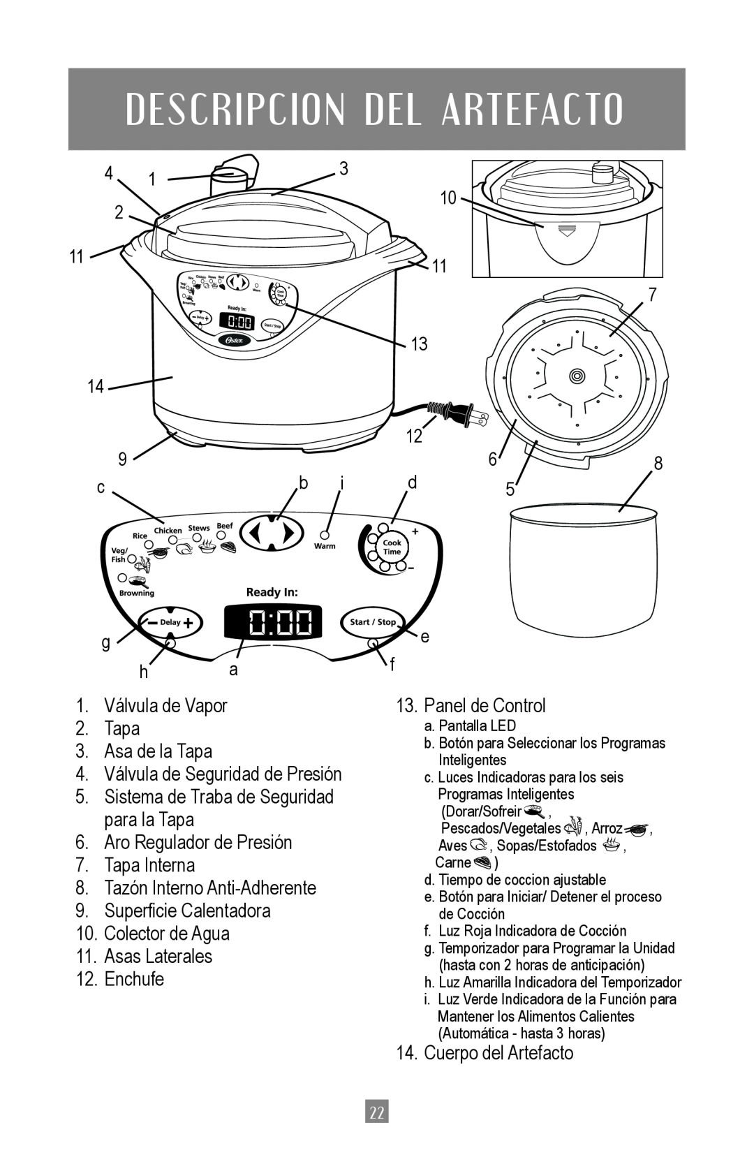 Oster Oster Digital Pressure Cooker, 4801 instruction manual De Sc R I P C Io N Del Artefacto 