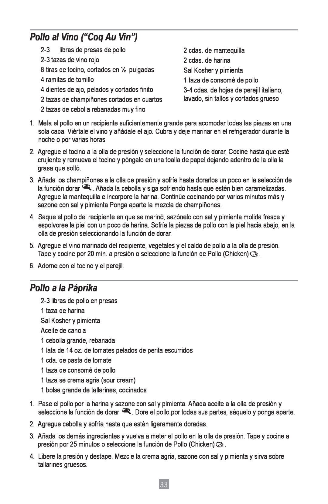 Oster 4801, Oster Digital Pressure Cooker instruction manual Pollo al Vino “Coq Au Vin”, Pollo a la Páprika 