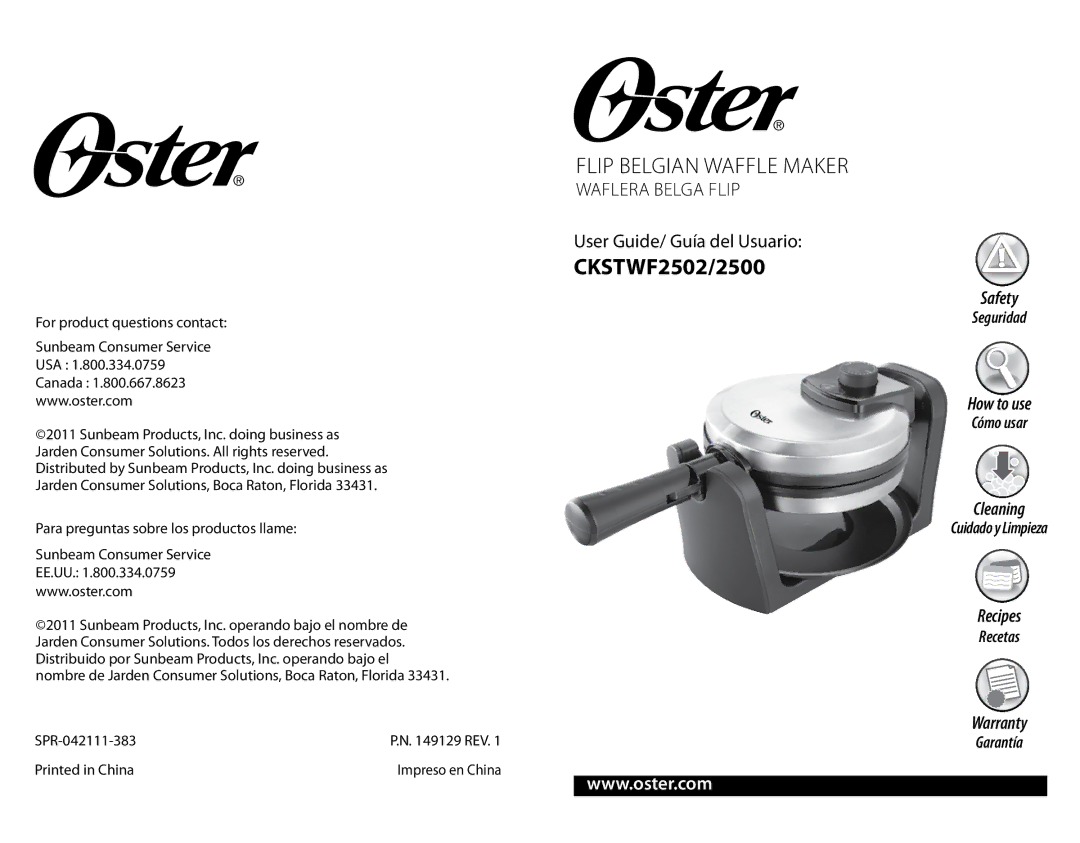 Oster Oster Flip Belgian Waffle Maker warranty CKSTWF2502/2500 