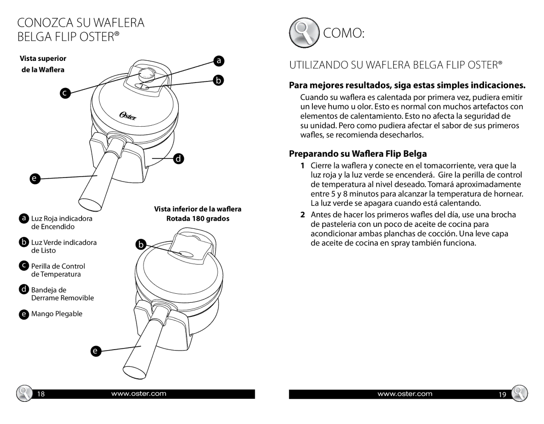 Oster CKSTWF2502/2500 warranty Preparando su Waflera Flip Belga, Para mejores resultados, siga estas simples indicaciones 