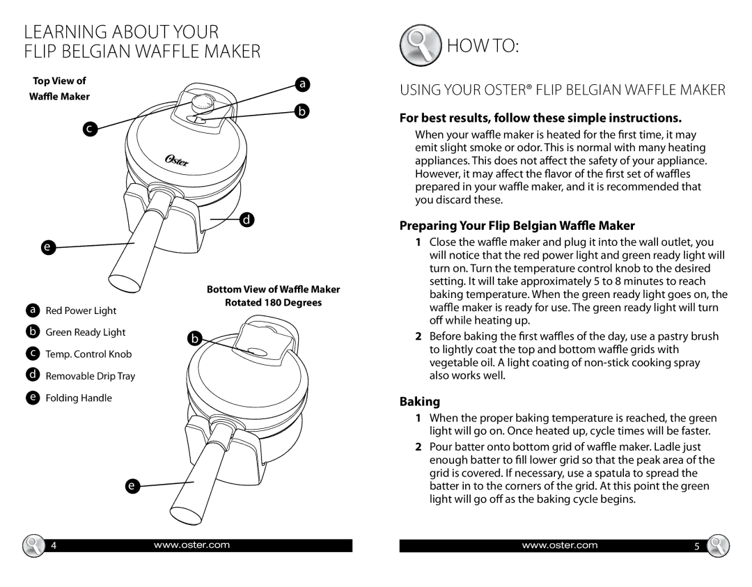 Oster Oster Flip Belgian Waffle Maker For best results, follow these simple instructions, Baking, Rotated 180 Degrees 