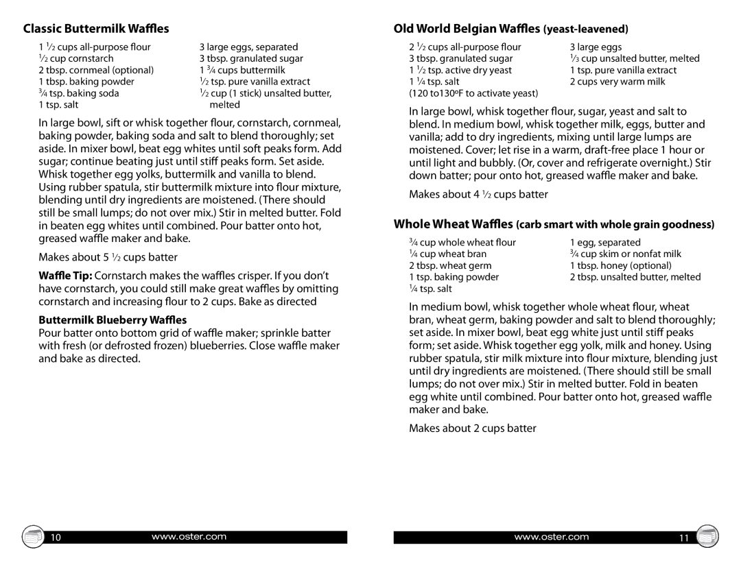 Oster CKSTWF2502/2500 Classic Buttermilk Waffles, Old World Belgian Waffles yeast-leavened, Buttermilk Blueberry Waffles 