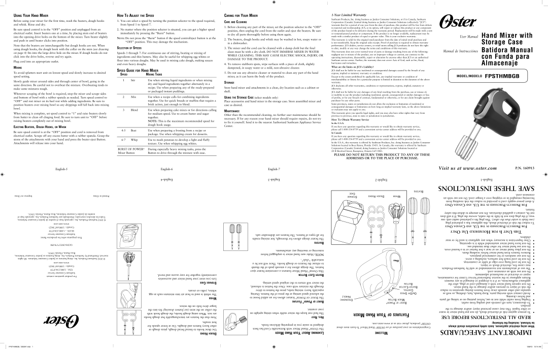 Oster Oster Hand Mixer with Storage Case, FPSTHMBGB user manual English-5 English-6 English-7 