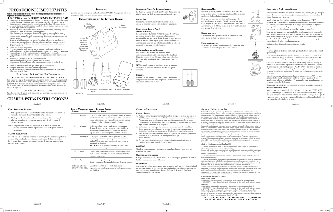 Oster FPSTHMBGB user manual Español-1, Español-2, Español-3, Español-4, Español-5 Español-6 Español-7 Español-8 