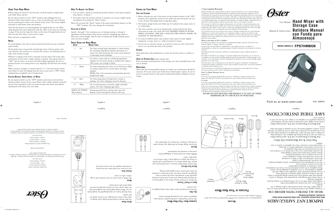 Oster Oster Hand Mixer with Storage Case, FPSTHMBGB user manual ixer M and H our Y, o features F, Instructions These Save 