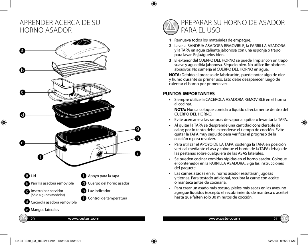 Oster 140722 warranty Aprender Acerca DE SU Horno Asador, Preparar SU Horno DE Asador Para EL USO, Puntos Importantes 