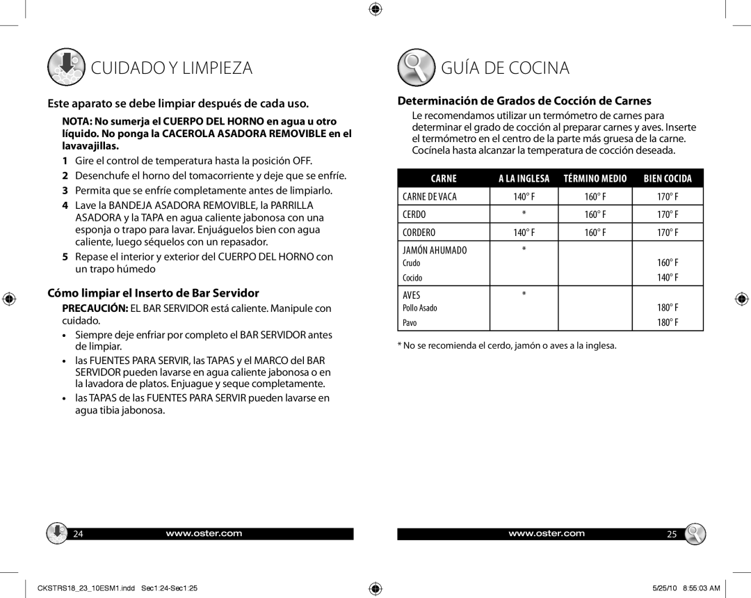 Oster 140722, Oster ROASTER OVEN Cuidado Y Limpieza, Guía DE Cocina, Este aparato se debe limpiar después de cada uso 