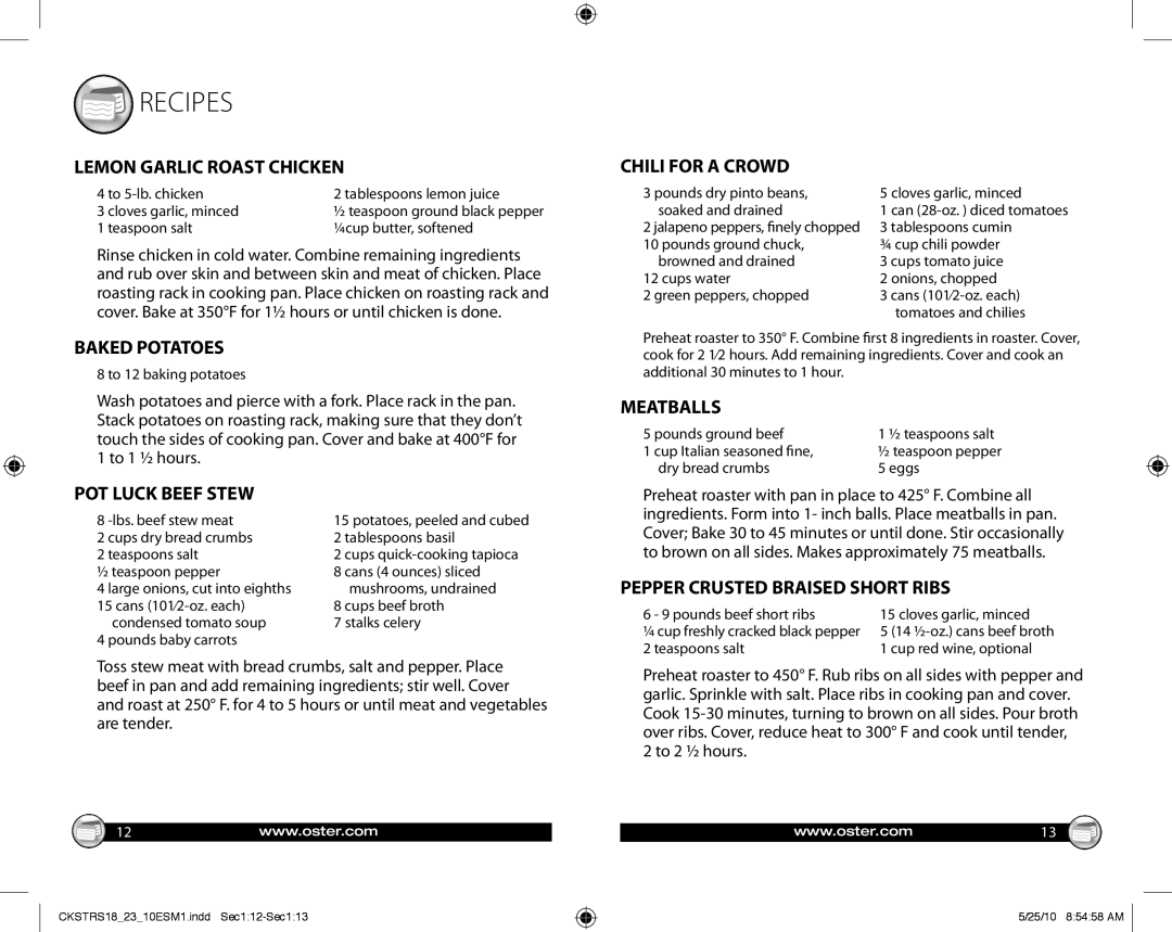 Oster 140722, Oster ROASTER OVEN warranty Recipes 