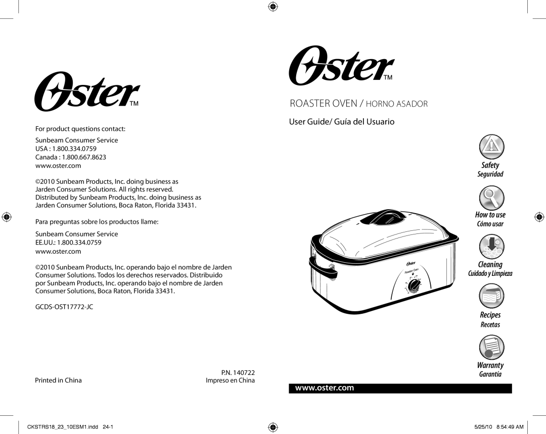 Oster 140722 warranty Roaster Oven / Horno Asador, Safety, How to use, Cleaning, Recipes, Warranty, Seguridad, Cómo usar 