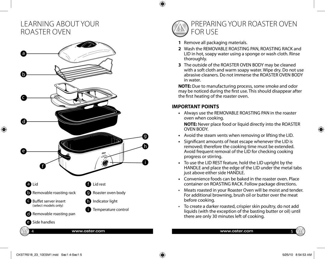 Oster 140722 Learning About Your Roaster Oven, Preparing Your Roaster Oven For Use, a b c d g h e i f, Important Points 