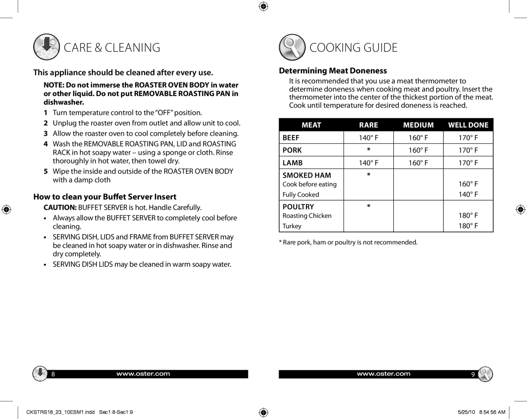 Oster 140722 Care & Cleaning, Cooking Guide, This appliance should be cleaned after every use, Determining Meat Doneness 
