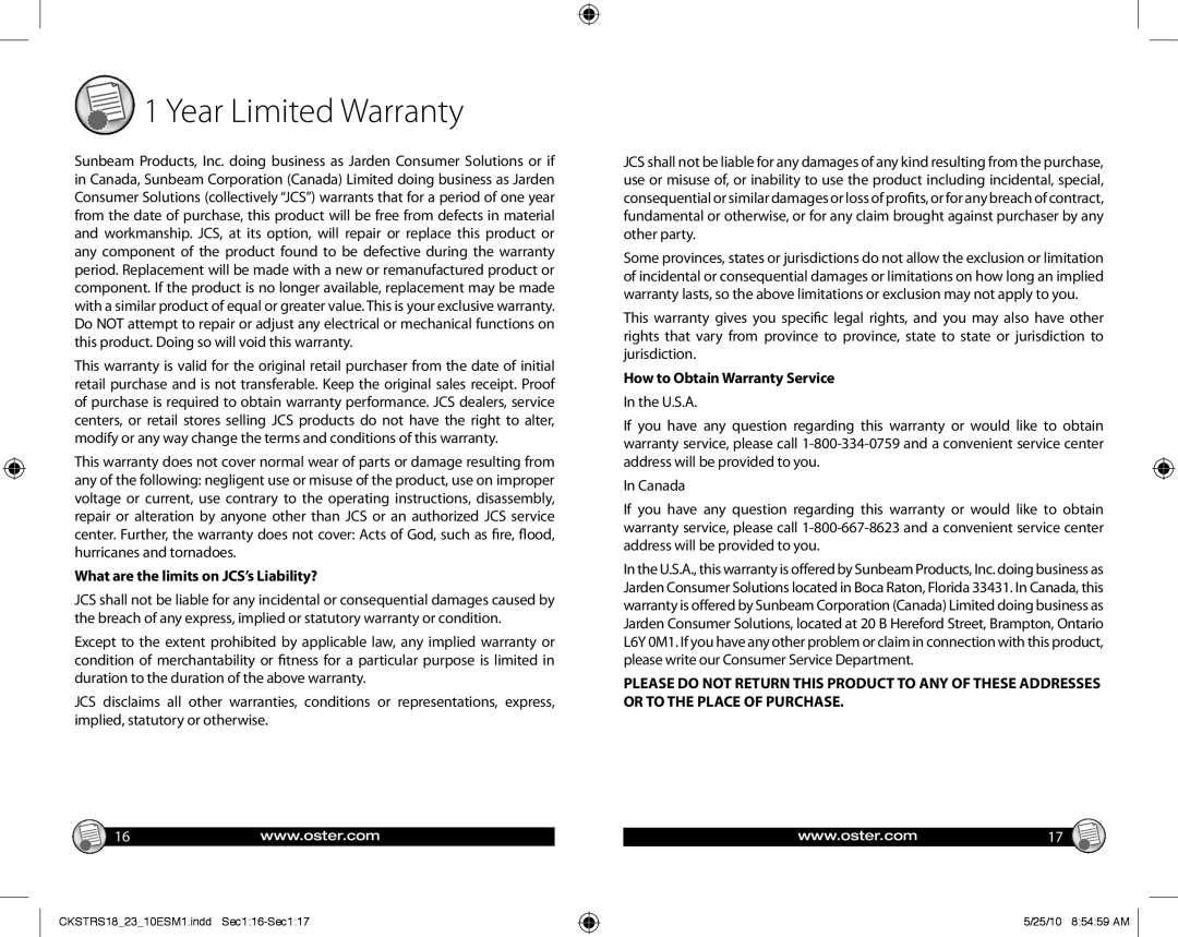 Oster 140722 warranty Year Limited Warranty, What are the limits on JCS’s Liability?, How to Obtain Warranty Service 