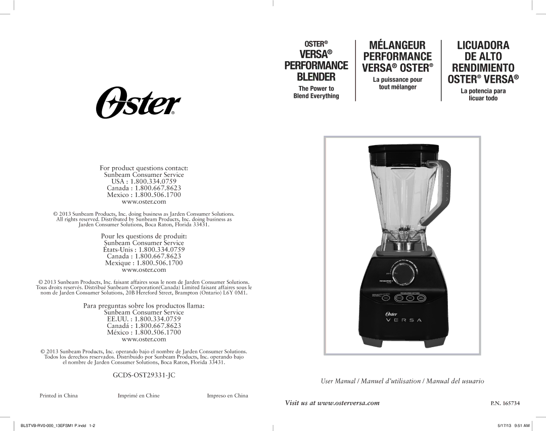 Oster OSTER VERSA PERFORMANCE BLENDER, 165734 user manual Versa 