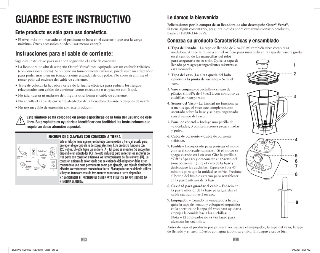 Oster OSTER VERSA PERFORMANCE BLENDER, 165734 user manual Guarde Este Instructivo, Instrucciones para el cable de corriente 