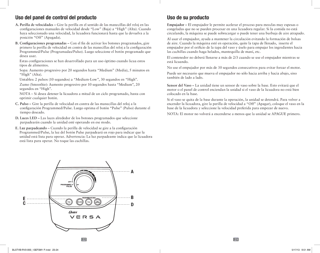 Oster 165734, OSTER VERSA PERFORMANCE BLENDER user manual Uso del panel de control del producto, Uso de su producto 