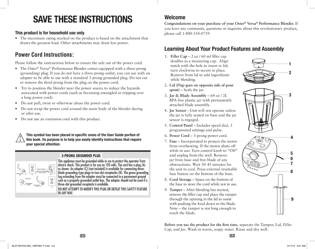 Oster OSTER VERSA PERFORMANCE BLENDER Welcome, Learning About Your Product Features and Assembly, Power Cord Instructions 