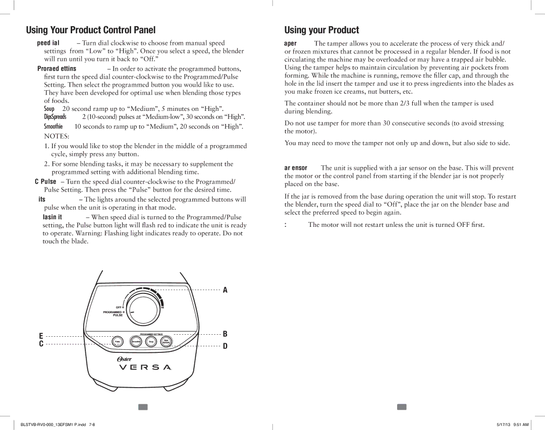 Oster 165734, OSTER VERSA PERFORMANCE BLENDER user manual Using Your Product Control Panel, Using your Product 