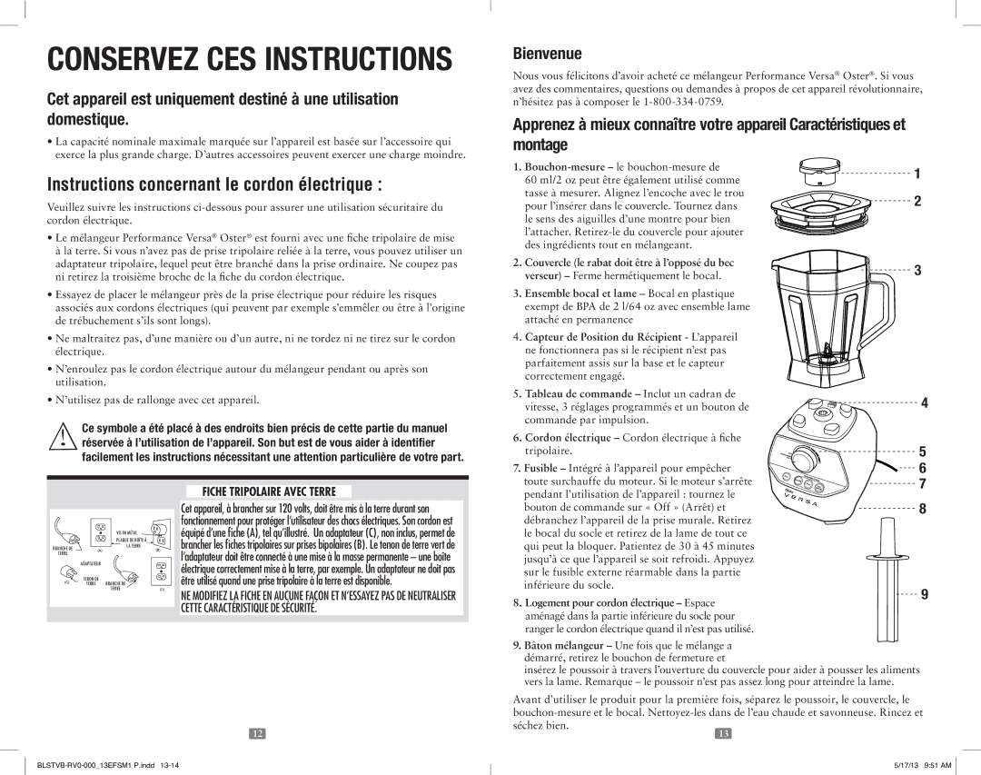 Oster OSTER VERSA PERFORMANCE BLENDER Instructions concernant le cordon électrique, Bienvenue, Fiche Tripolaire Avec Terre 