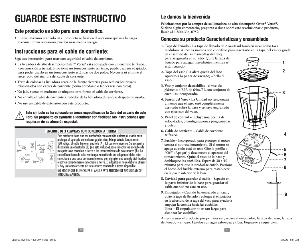 Oster OSTER VERSA PERFORMANCE BLENDER, 165734 user manual Guarde Este Instructivo, Instrucciones para el cable de corriente 