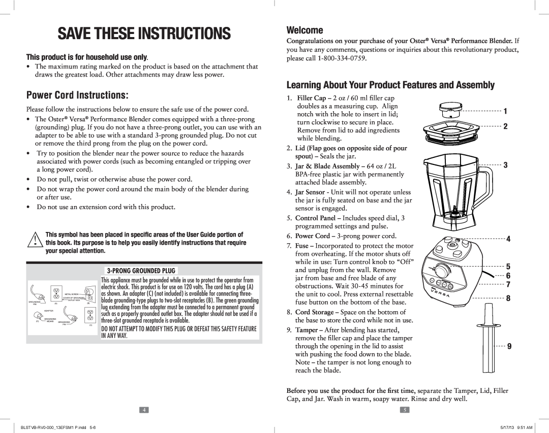 Oster OSTER VERSA PERFORMANCE BLENDER Save These Instructions, Welcome, Learning About Your Product Features and Assembly 