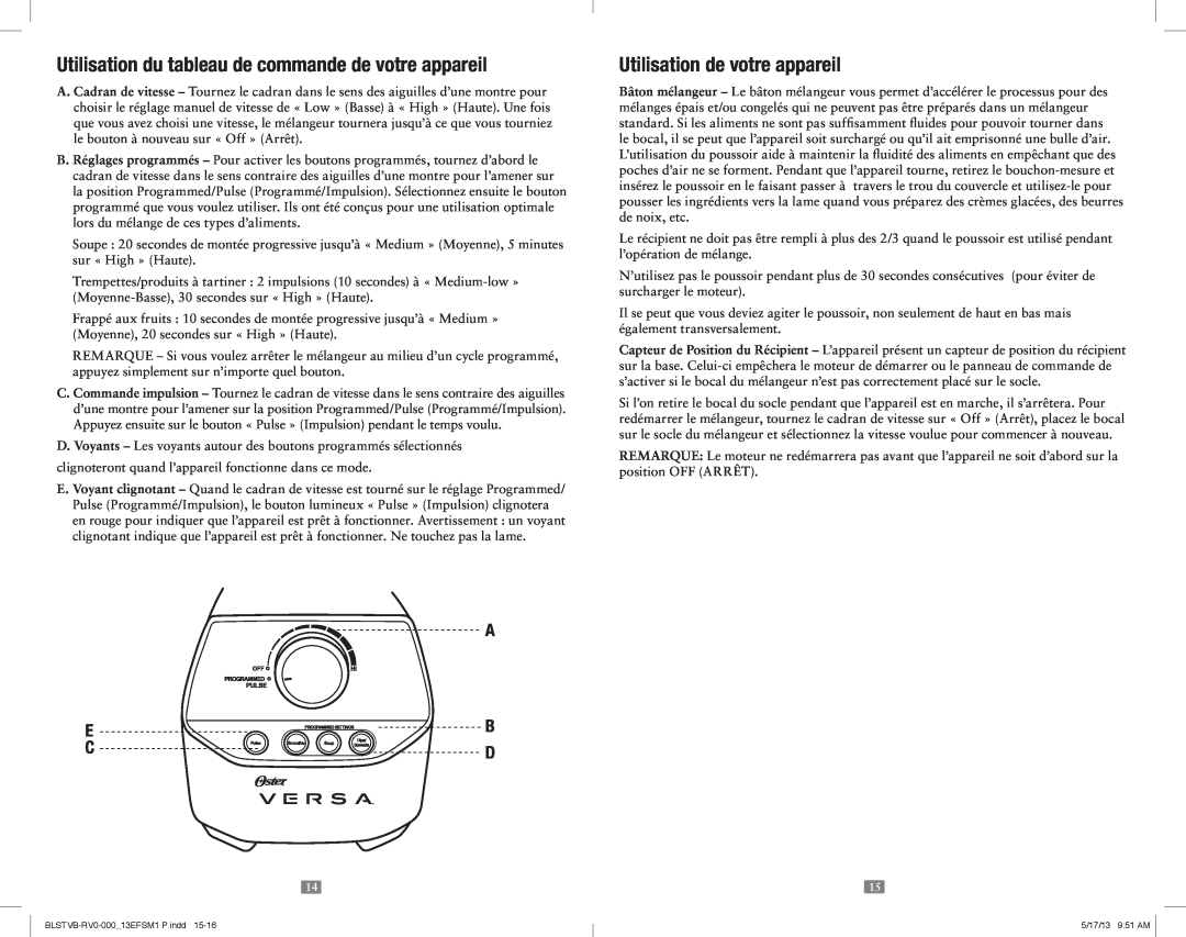 Oster 165734 user manual Utilisation du tableau de commande de votre appareil, Utilisation de votre appareil, A E B C D 