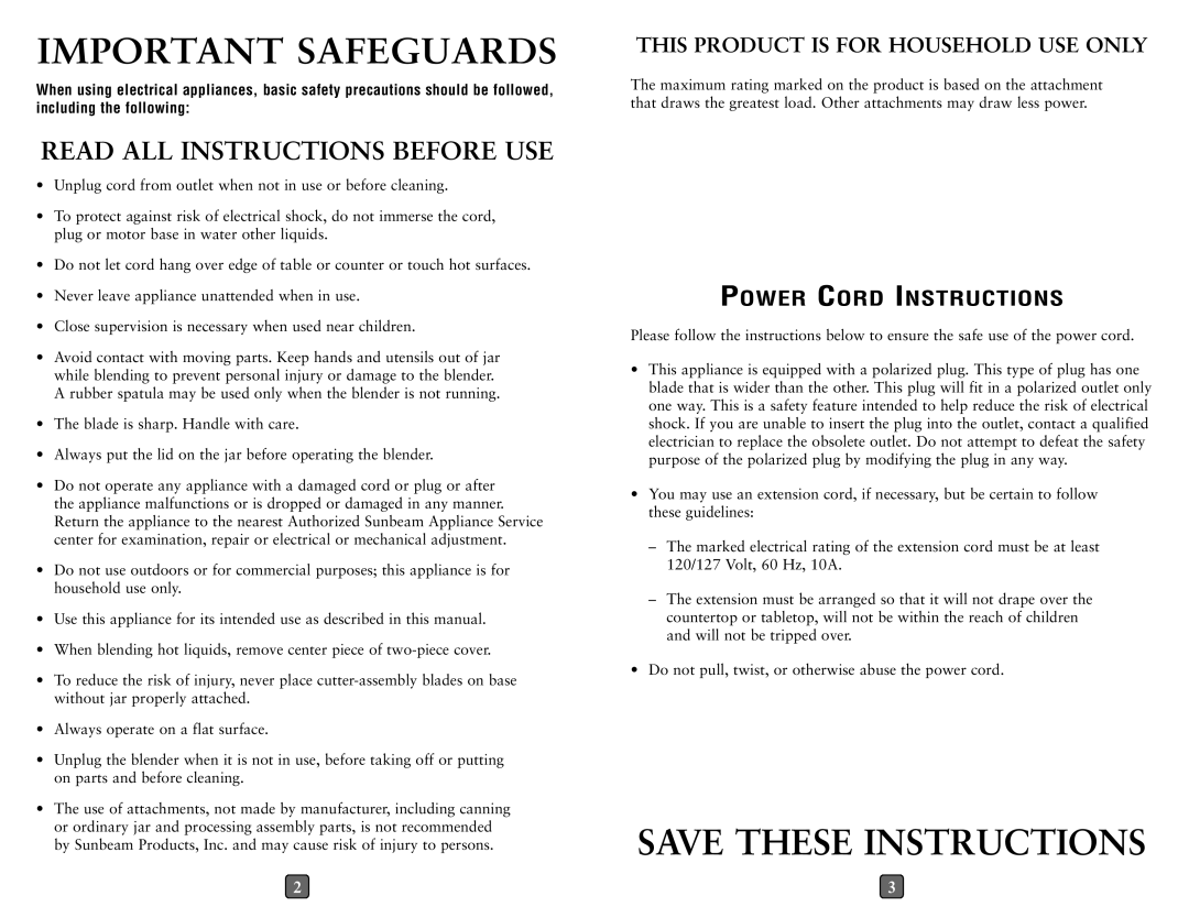 Oster 114279, OSTERIZER CLASSIC BLENDER user manual Important Safeguards 