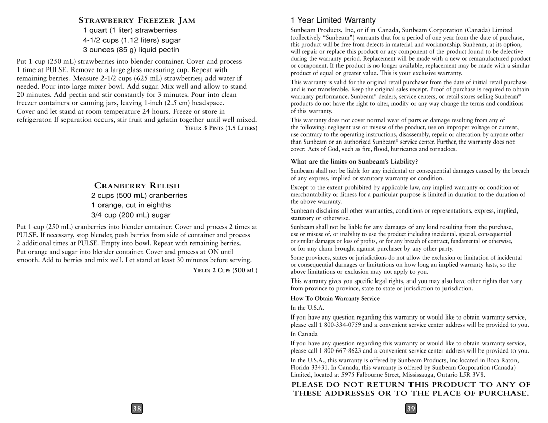 Oster 114279, OSTERIZER CLASSIC BLENDER user manual Cups 500 mL cranberries, Strawberry Freezer JAM, Cranberry Relish 