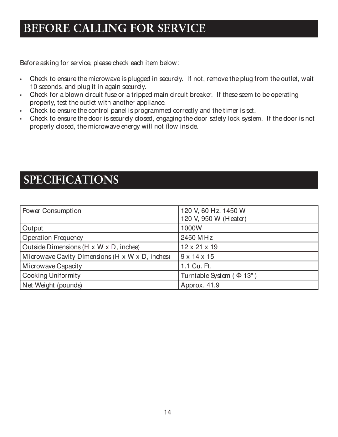 Oster OTM1101GBS user manual Before Calling for Service, Specifications 