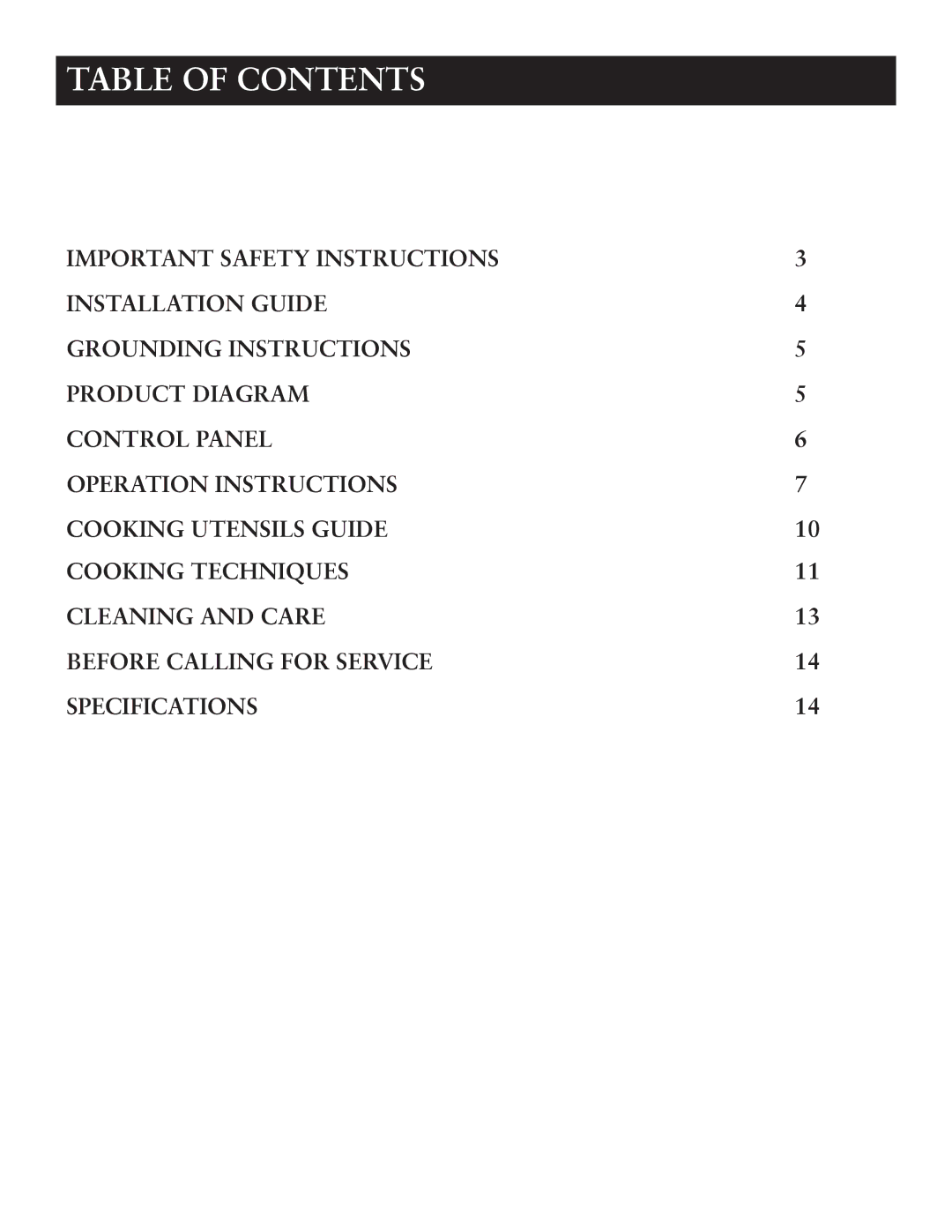 Oster OTM1101GBS user manual Table of Contents 